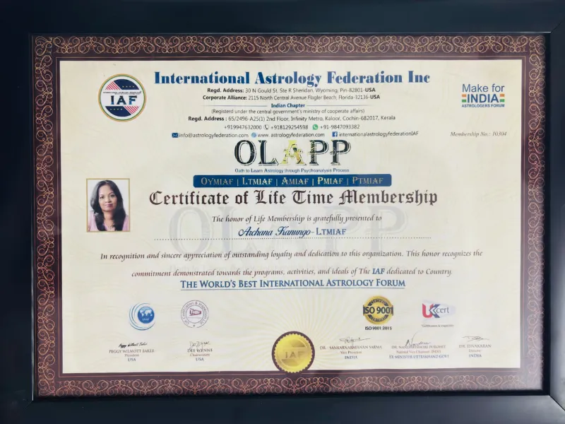 International Astrology Federation Lifetime Membership Certificate